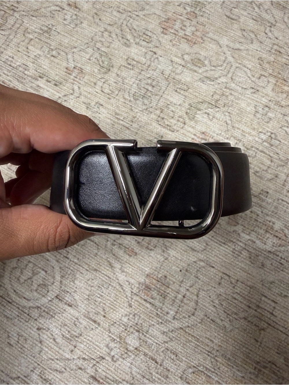 Valentino Black Leather Belt with Silver V Buckle